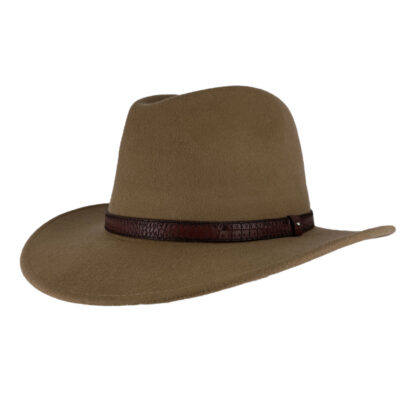 Deluxe Fedora Felt Wool Hat w Brown Strap - Camel